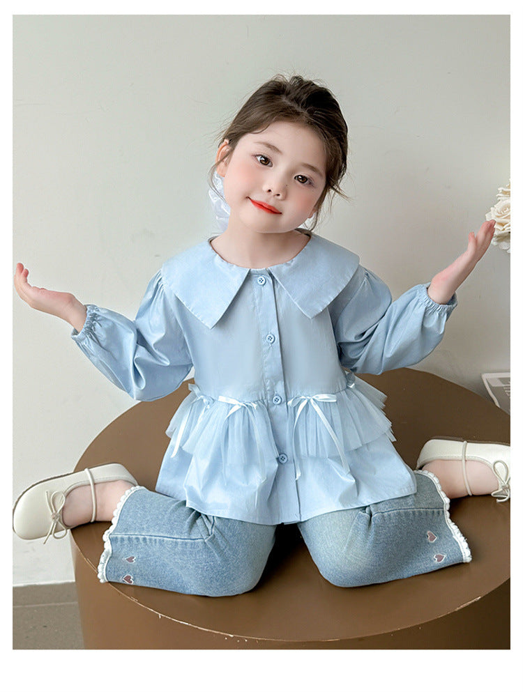 [963127] - One Set 2in1 Baju Setelan Atasan Blouse Lengan Panjang Bawahan Celana Panjang Jeans Korean Fashion Style Anak Perempuan Cewek - Motif Top Bow Bottom Love - BABYHOKI STORE