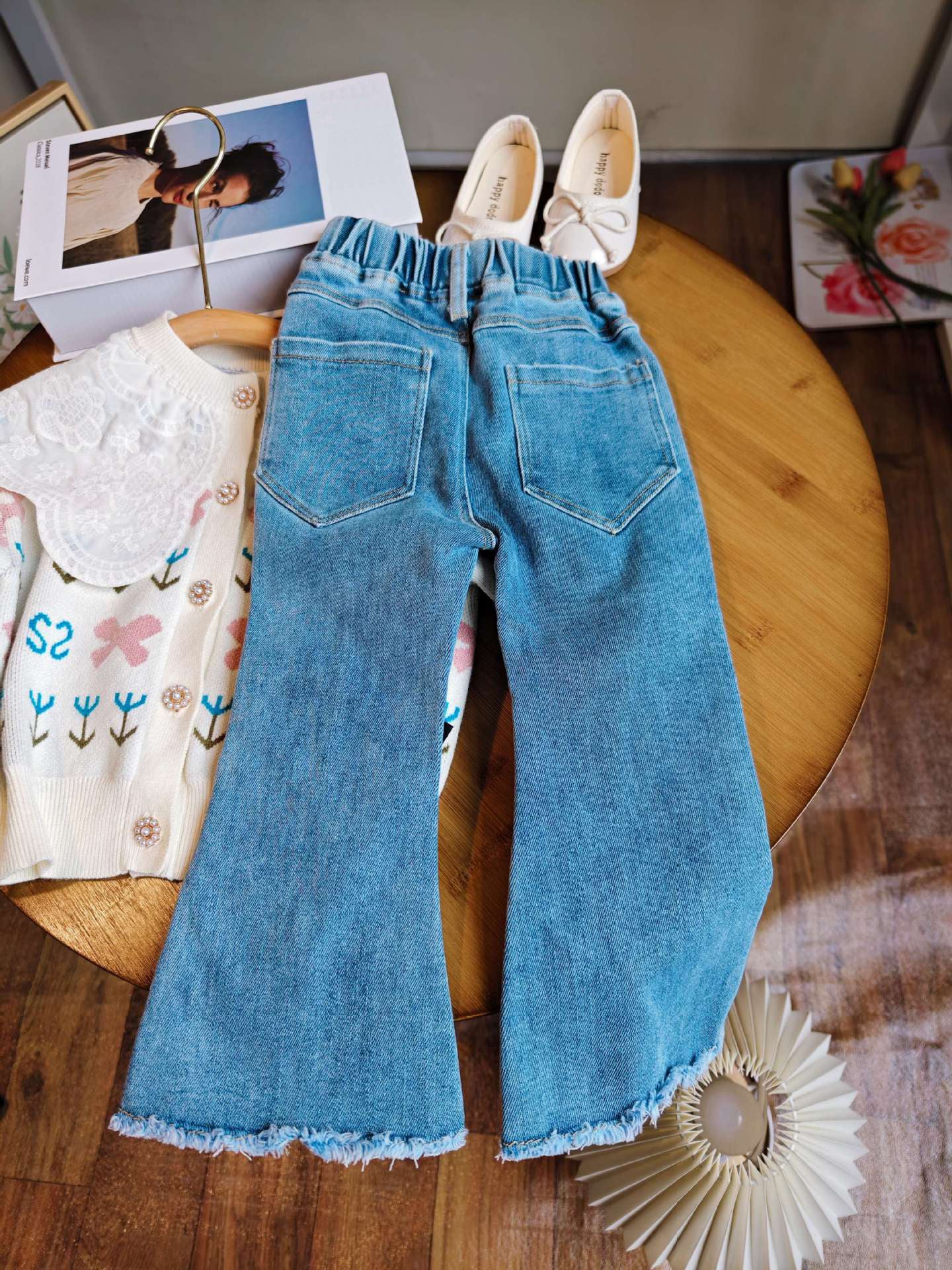 [363742] - Setelan Baju Cardigan Rajut O Neck Celana Panjang Jeans Fashion Anak Perempuan - Motif Ribbon Laces