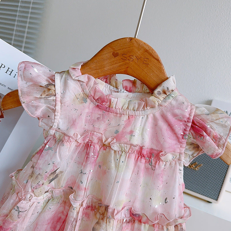 [363874] - Gaun Bunga Pink Baju Dress Ruffle Lengan Kutung Fashion Anak Perempuan Cewek - Motif Pink Floral Ruffle