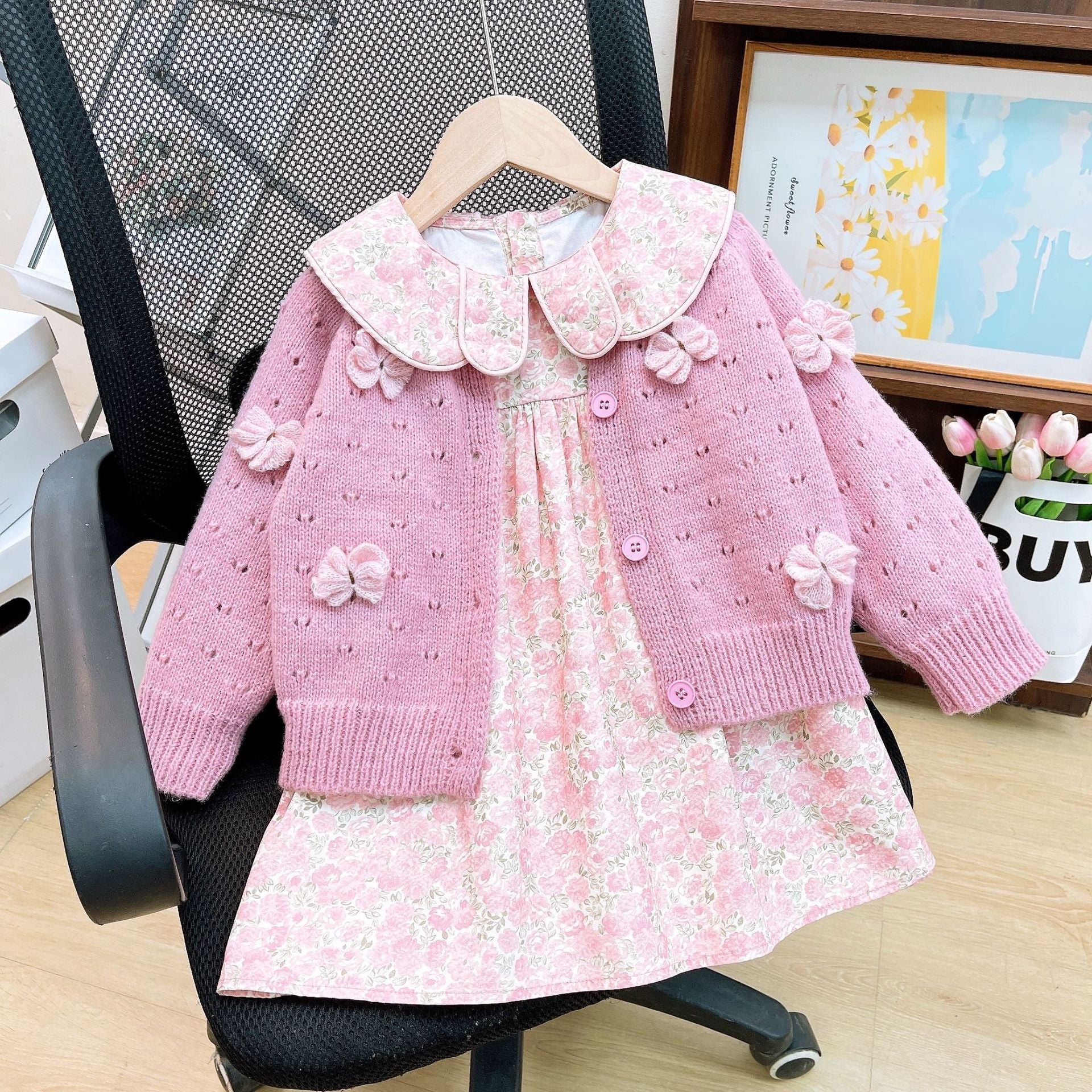 [363819] - Oneset 2in1 Pink Floral Setelan Baju Dress Sweater Rajut Cardigan Knit Lengan Panjang Fashion Anak Perempuan Cewek - Motif Ribbon Butterfly Pink