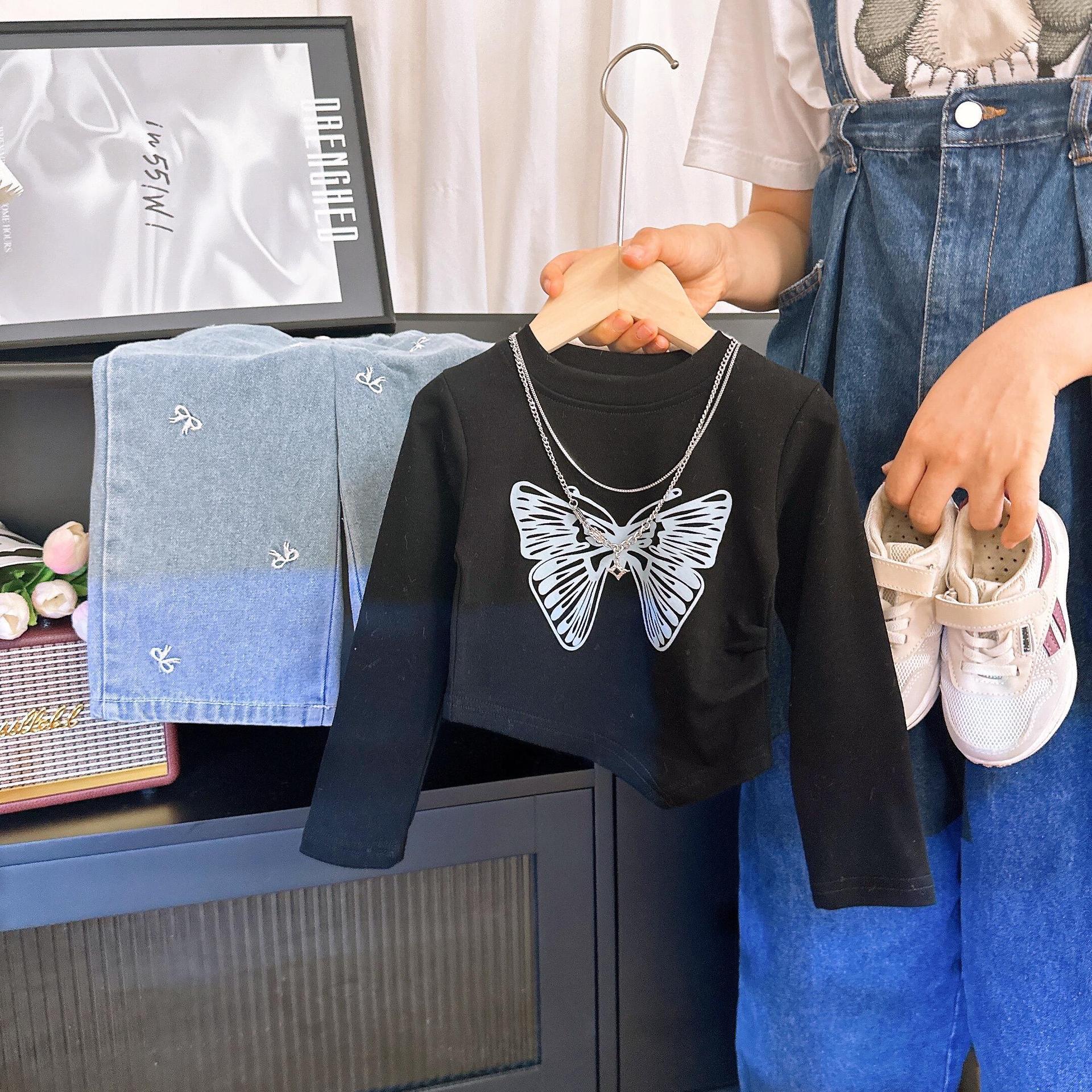 [363820] - Setelan One Set Baju Kaos Lengan Panjang Celana Jeans Kulot Panjang Fashion Anak Perempuan - Motif Butterfly