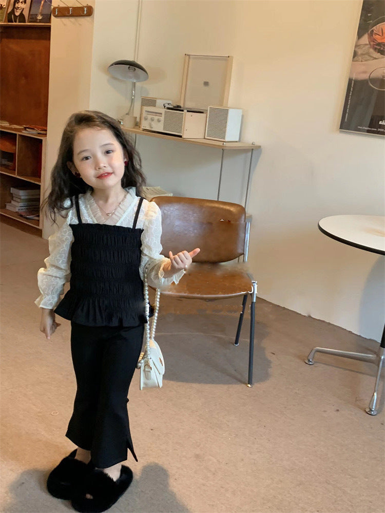 [5071078] - One Set 2in1 Baju Setelan Atasan Lengan Panjang Bawahan Celana Panjang Hitam Fashion Anak Perempuan Cewek - Motif Ruffled Black - BABYHOKI STORE