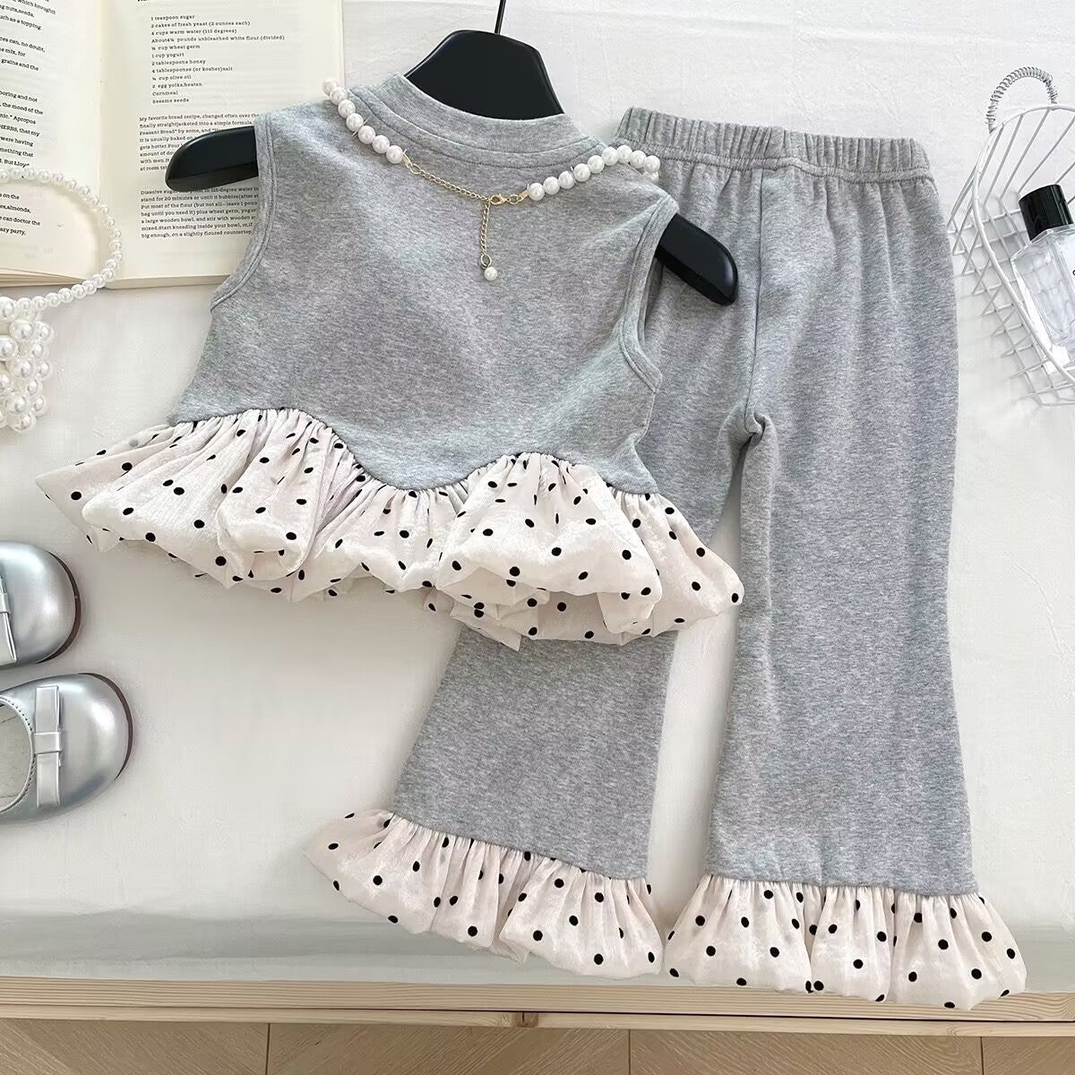[363863] - Setelan Baju Atasan Lengan Kutung Bawahan Celana Panjang Fashion Anak Perempuan Cewek - Motif Ruffle Polkadot - BABYHOKI STORE