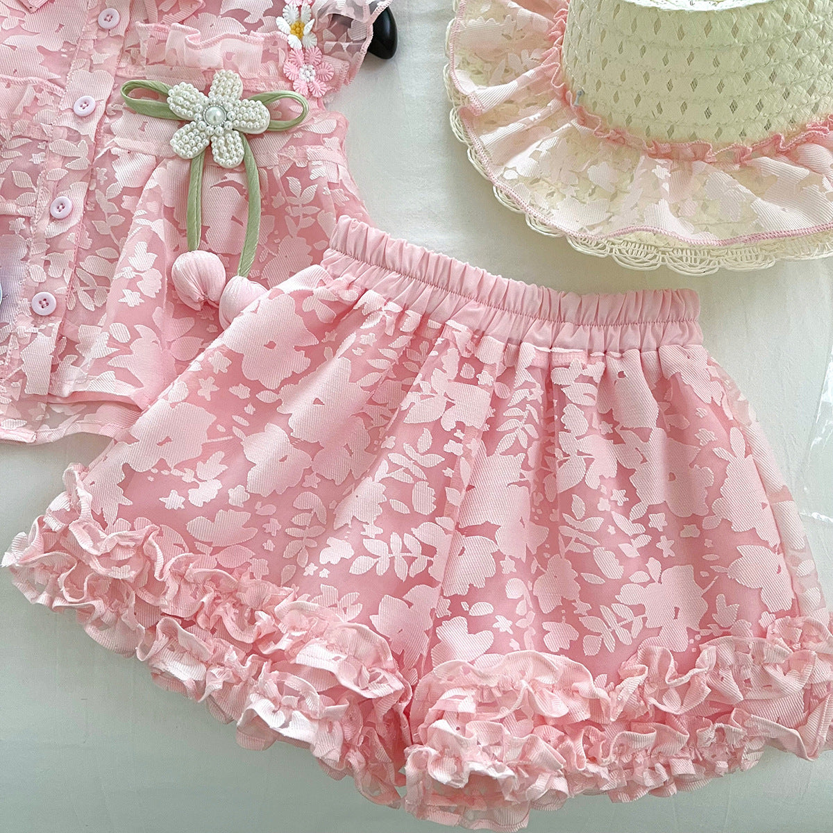 [963202] - One Set 2in1 Baju Setelan Atasan Kerah Lengan Kutung Bawahan Celana Pendek Summer Style Anak Perempuan Cewek - Motif Pink Floral - BABYHOKI STORE - BABYHOKI STORE