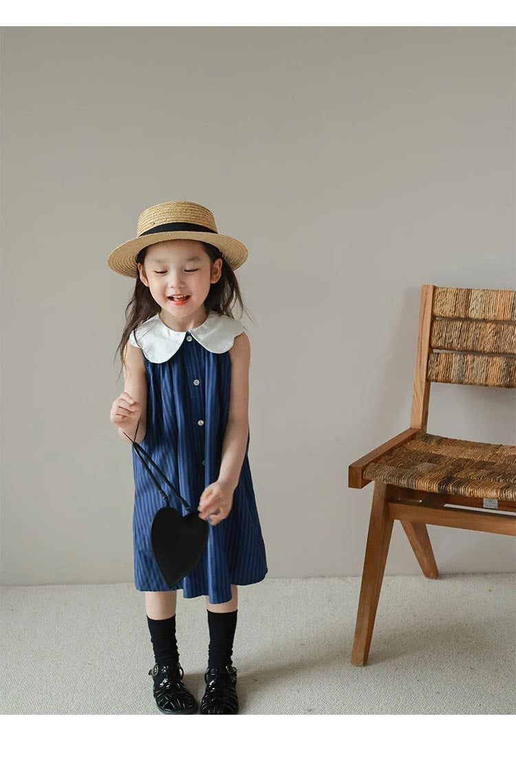 [5071195] - Baju Gaun Dress Princess Lengan Kutung Korean Version Style Anak Perempuan Cewek - Motif Dark Line Color - BABYHOKI STORE