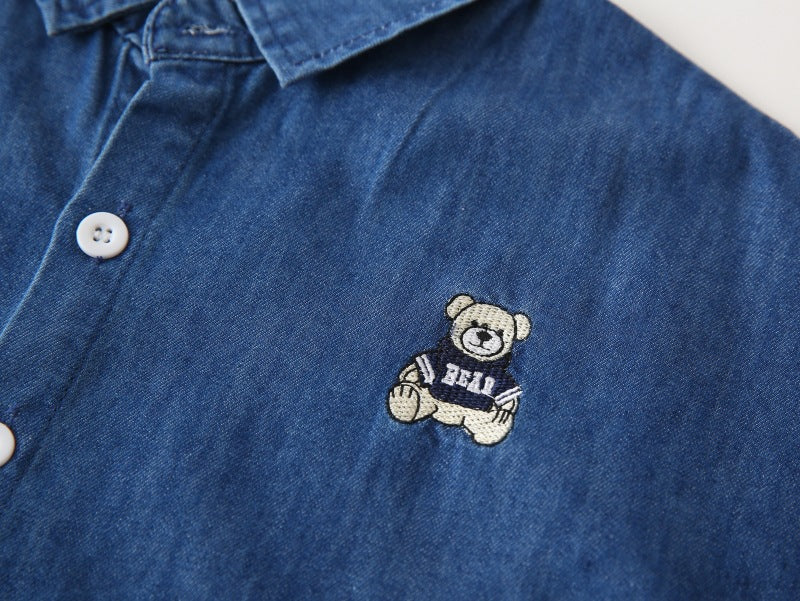 [383206] - Baju Atasan Kemeja Lengan Panjang Anak Laki-Laki Cowok  - Motif Minimalist Bear Patch - BABYHOKI STORE