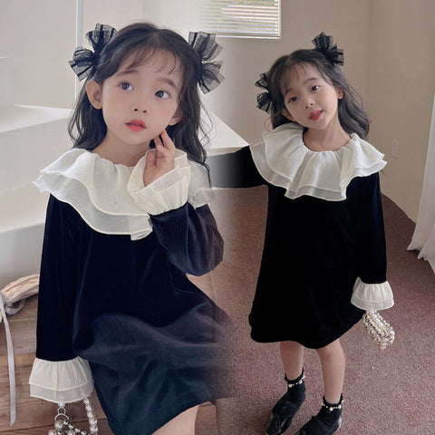 [507S1101] - Baju Dress Lengan Panjang Fashion Anak Perempuan - Motif Neck Ruffled