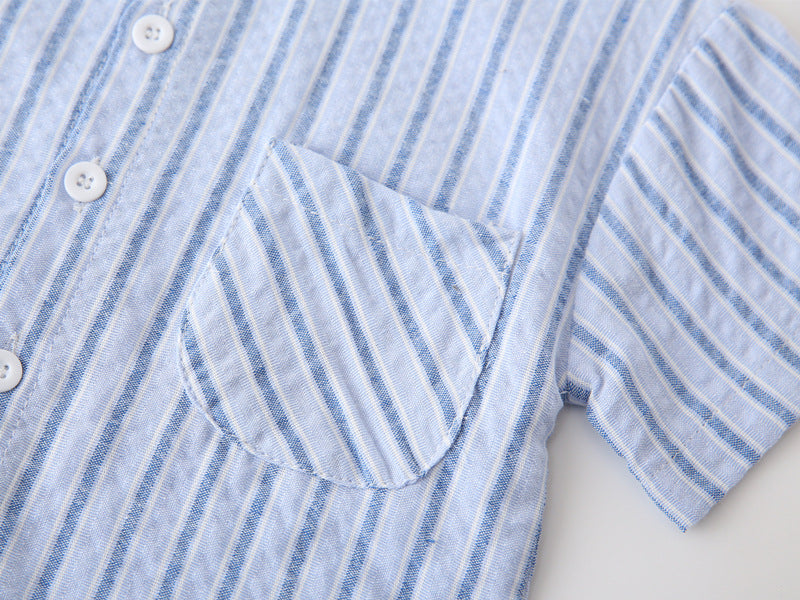 [383223] - Baju Atasan Kemeja Kerah Shanghai Koko Lengan Pendek Anak Laki-Laki Cowok - Motif Blue & White Stripes - BABYHOKI STORE - BABYHOKI STORE