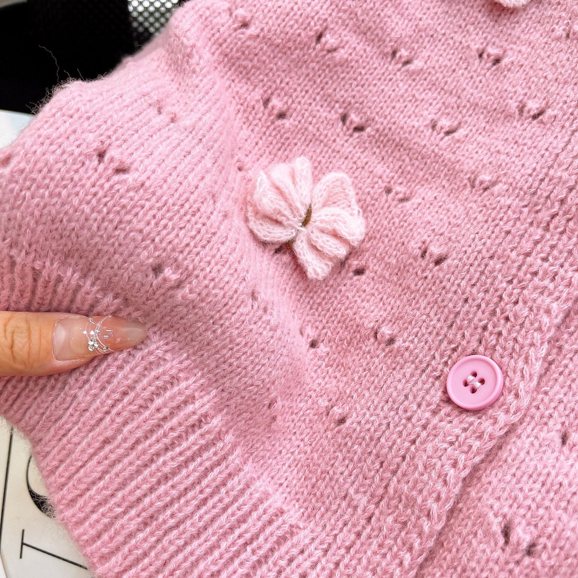 [363819] - Oneset 2in1 Pink Floral Setelan Baju Dress Sweater Rajut Cardigan Knit Lengan Panjang Fashion Anak Perempuan Cewek - Motif Ribbon Butterfly Pink