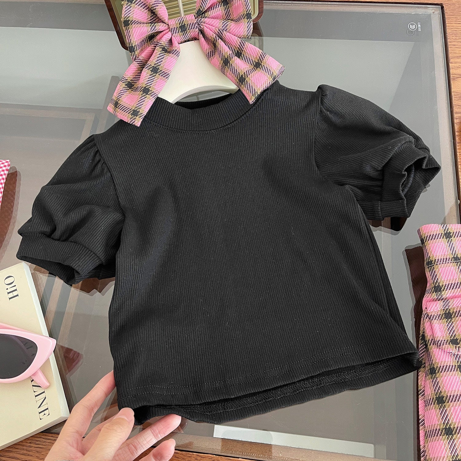 [5071031] - Baju Setelan Lengan Pendek Bawahan Rok Pendek Fashion Anak Perempuan - Motif Plaid Ribbon