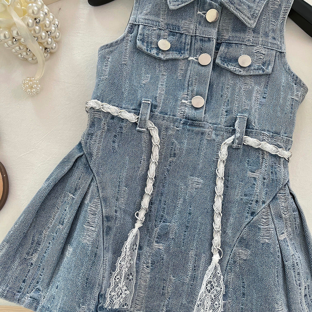 [963203] - Baju Gaun Dress Lengan Kutung Korean Version Style Anak Perempuan Cewek - Motif Small Denim Rips - BABYHOKI STORE - BABYHOKI STORE