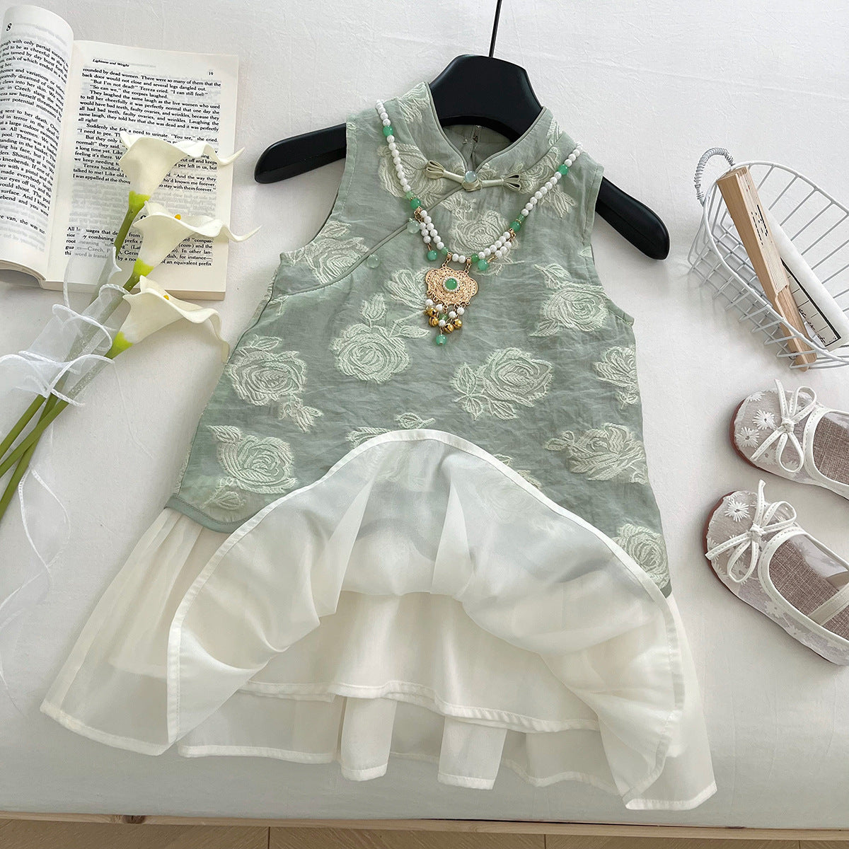 [963179] - Baju Gaun Dress Cheongsam Shanghai Imlek Lengan Kutung Anak Perempuan Cewek - Motif Green Flower - BABYHOKI STORE