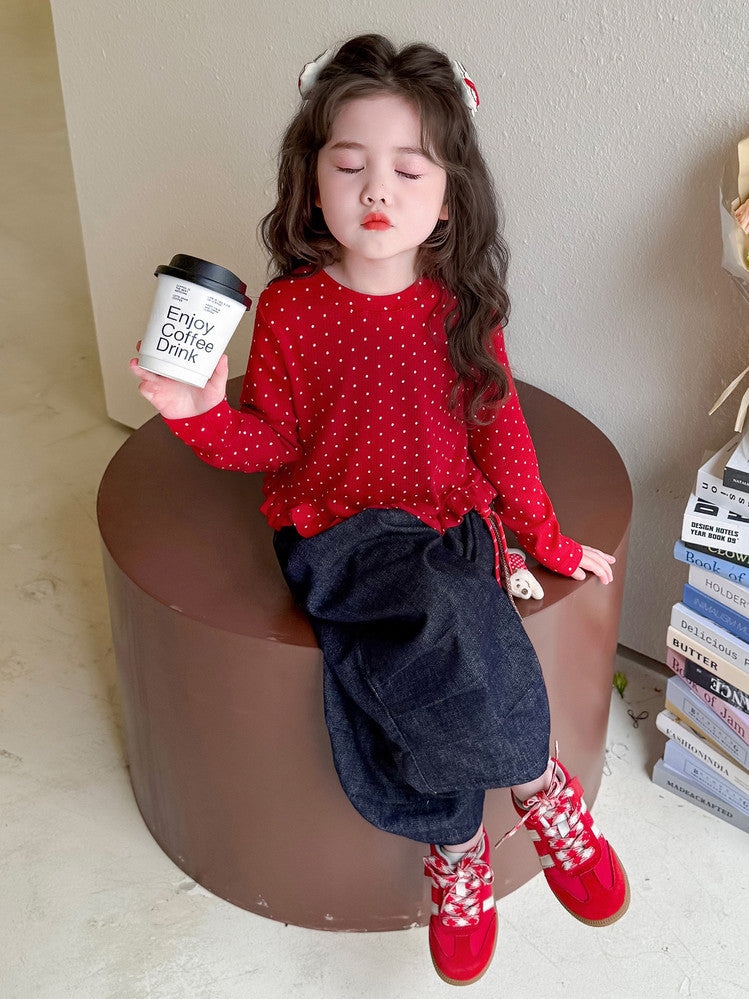 [363938] - One Set 2in1 Baju Setelan Atasan Kaos Lengan Panjang Polka Red Bawahan Celana Panjang Kulot Fashion Korean Style Anak Cewek Perempuan - Motif Basic Color Red Top - BABYHOKI STORE - BABYHOKI STORE