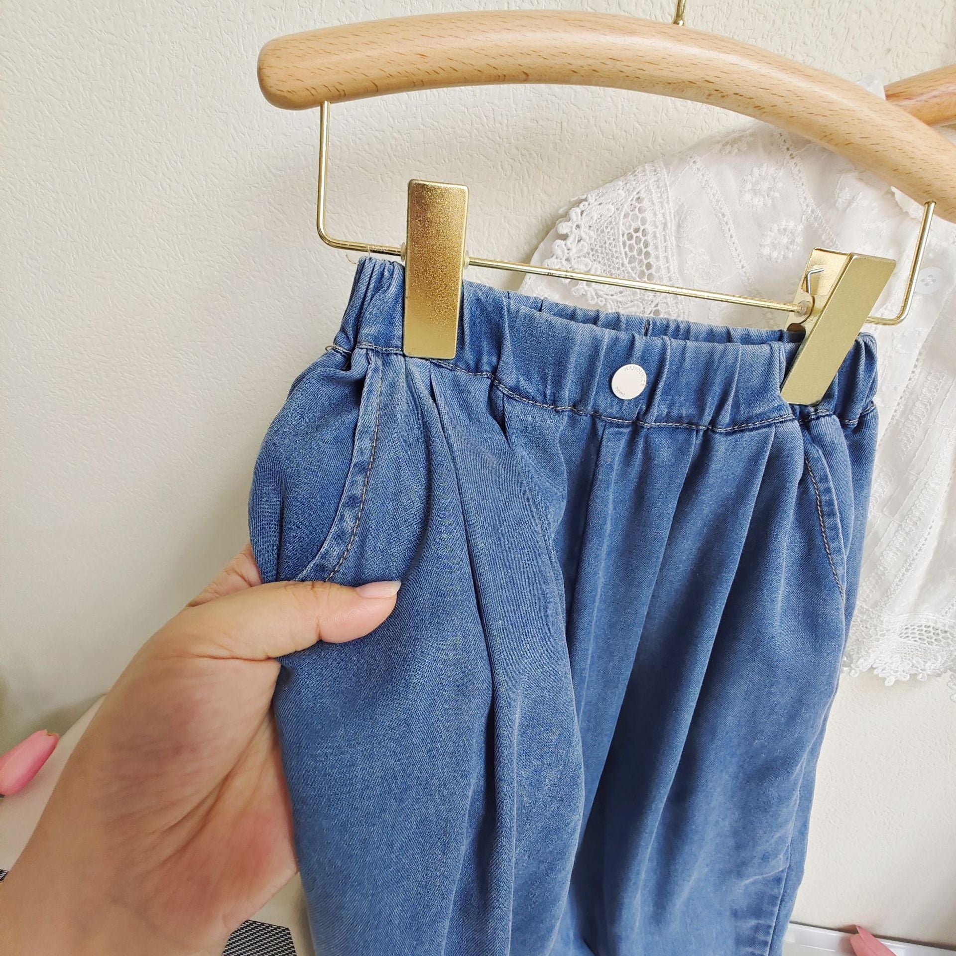 [363653] - Setelan Blouse Celana Panjang Jeans Import Anak Perempuan - Motif Oblique Collar
