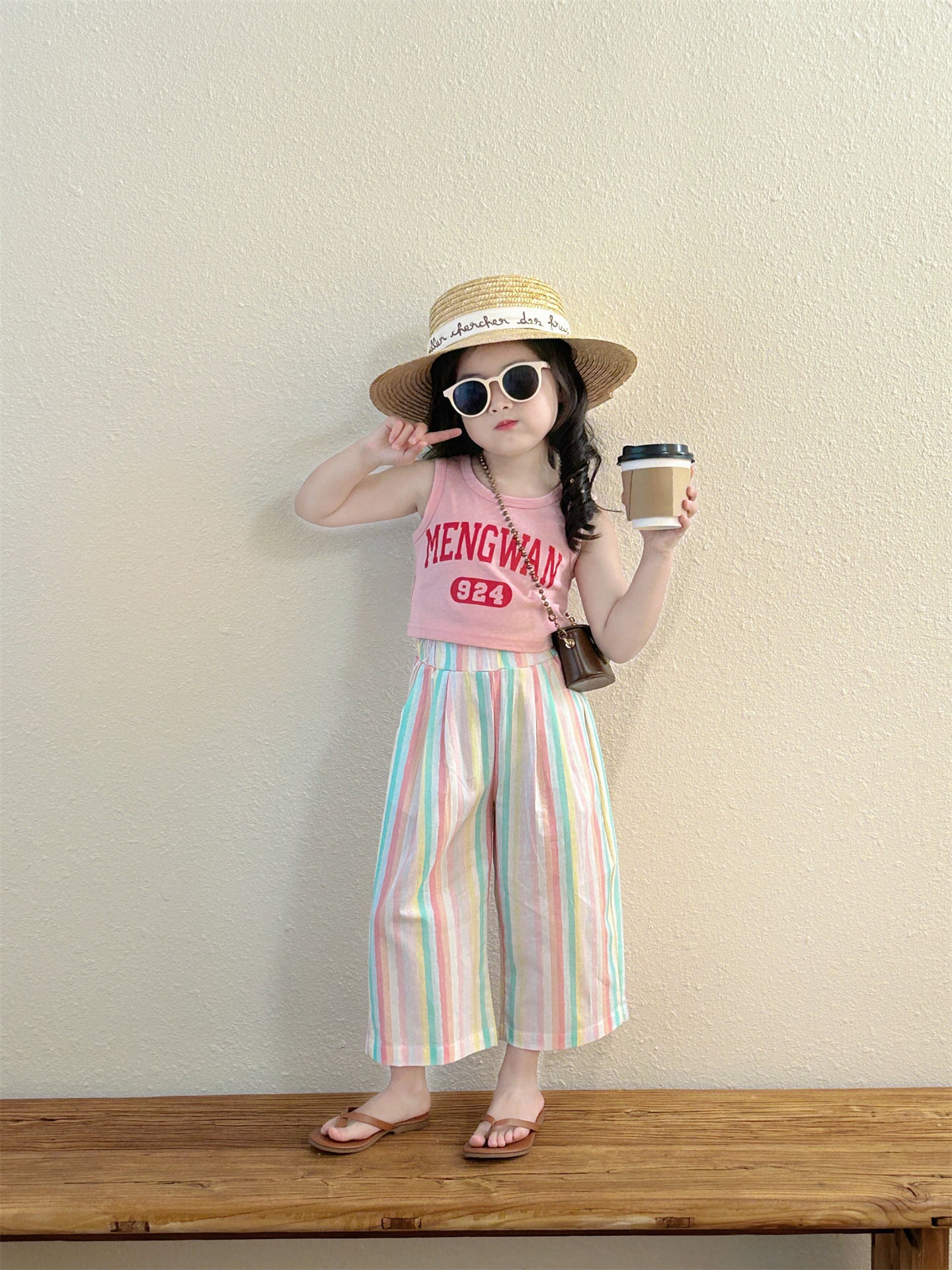 [363780] - Setelan One Set Baju Crop Kutung Celana Panjang Kulot Fashion Anak Perempuan - Motif Colorful Striped
