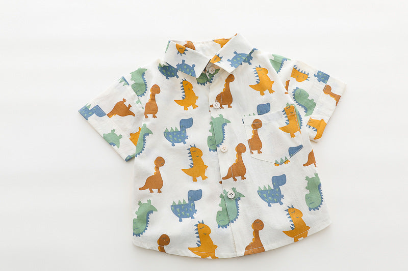 [345507] - One Set 2in1 Baju Setelan Atasan Kemeja Lengan Pendek Bawahan Celana Pendek Bersaku Fashionable Anak Cowok Laki-Laki - Motif Dino Animal - BABYHOKI STORE - BABYHOKI STORE