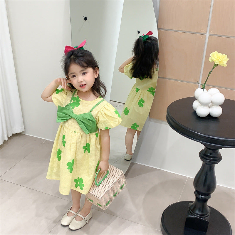 [507S157] - Baju Dress Lengan Pendek Fashion Anak Perempuan - Motif Ribbon Clover