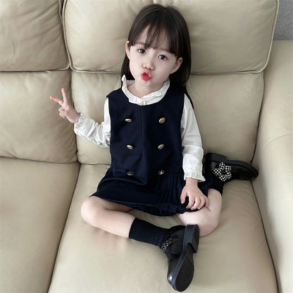 [363707] - Baju Setelan Dress Atasan Lengan Panjang Fashion Import Anak Cewek - Motif Plain Button