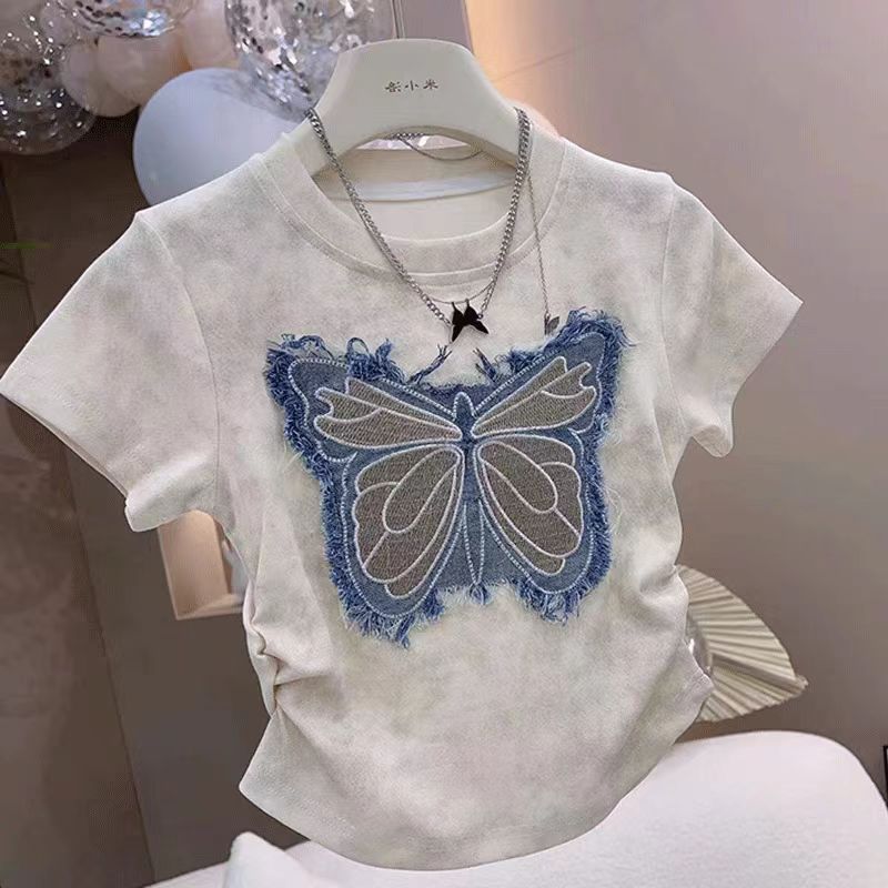 [363794] - One Set Anak Cewek Setelan Baju Lengan Pendek Bawahan Rok Celana Jeans Pendek Fashion Anak Perempuan - Motif Butterfly Denim