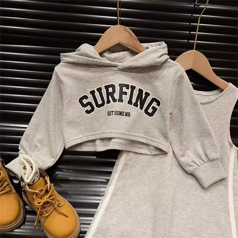[963271] - One Set 2in1 Baju Setelan Dress Lengan Kutung Sweater Lengan Panjang Korean Sporty Style Anak Perempuan Cewek - Motif Surfing - BABYHOKI STORE
