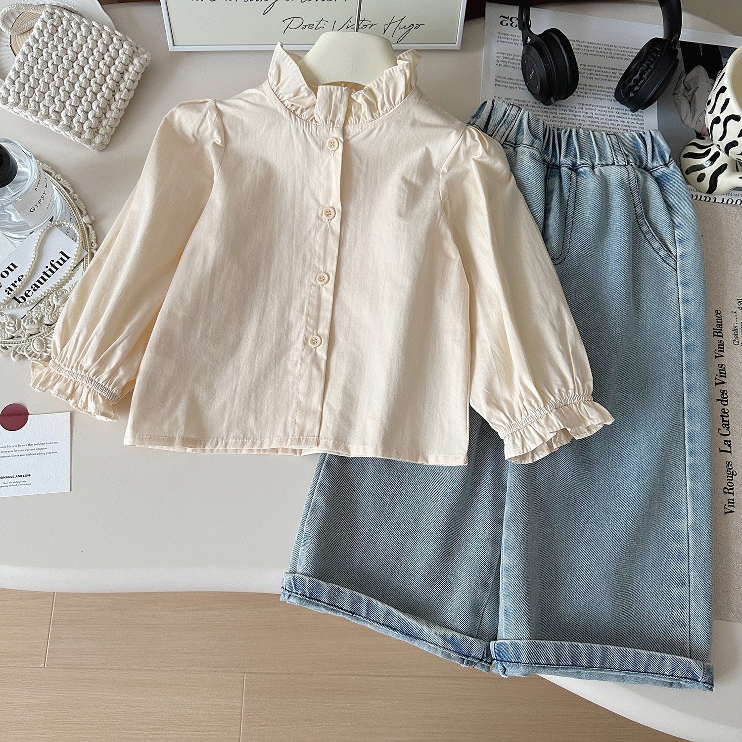 [363914] - One Set 3in1 Baju Setelan Atasan Blouse Lengan Panjang Vest Kutung Denim Bawahan Celana Panjang Kulot Denim Fashion Anak Cewek Perempuan - Motif Cute Lace - BABYHOKI STORE