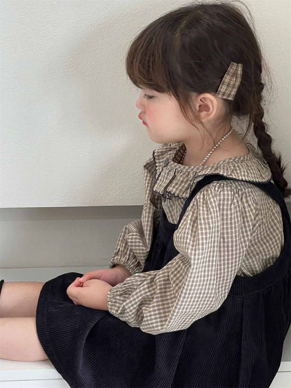 [5071068] - Setelan Baju Lengan Panjang Bawahan Overall Rok Fashion Anak Perempuan - Motif Frill Plaid