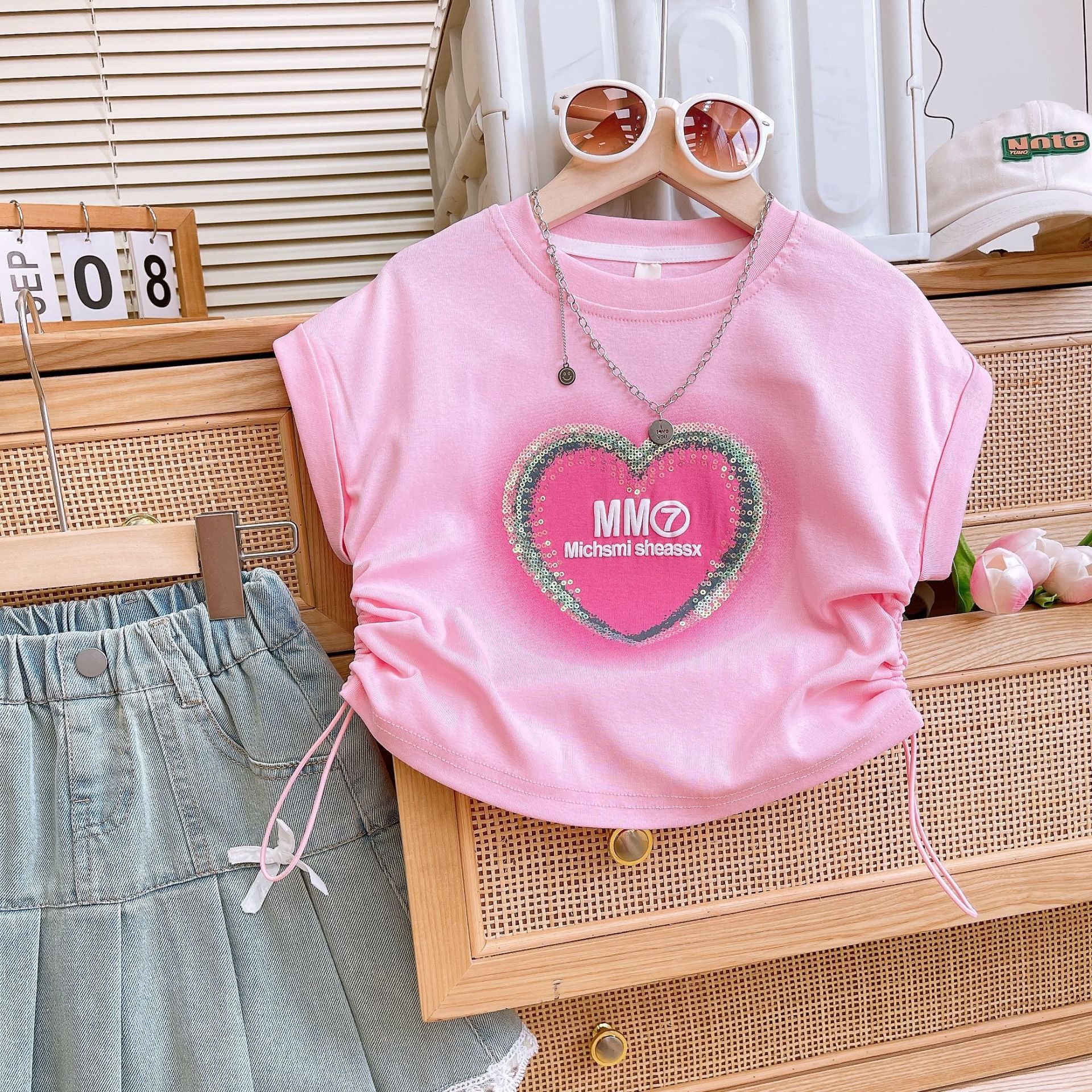 [363765] - Oneset 2in1 Denim Daily Wear Setelan Baju Lengan Pendek Bawahan Rok Pendek Fashion Anak Perempuan Cewek - Motif Heart Letter