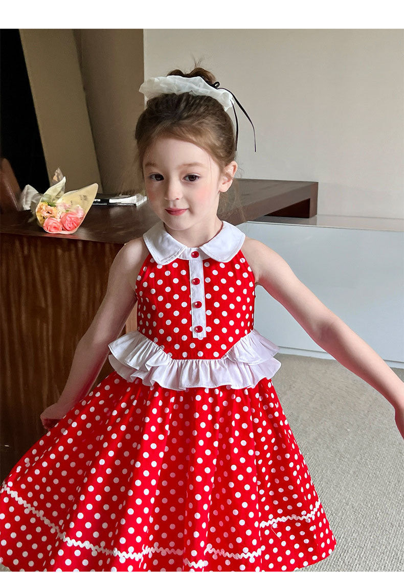 [5071081] - Baju Dress Summer Gaun Lengan Kutung Fashion Anak Perempuan Cewek - Motif Polka Basic Colour Red - BABYHOKI STORE