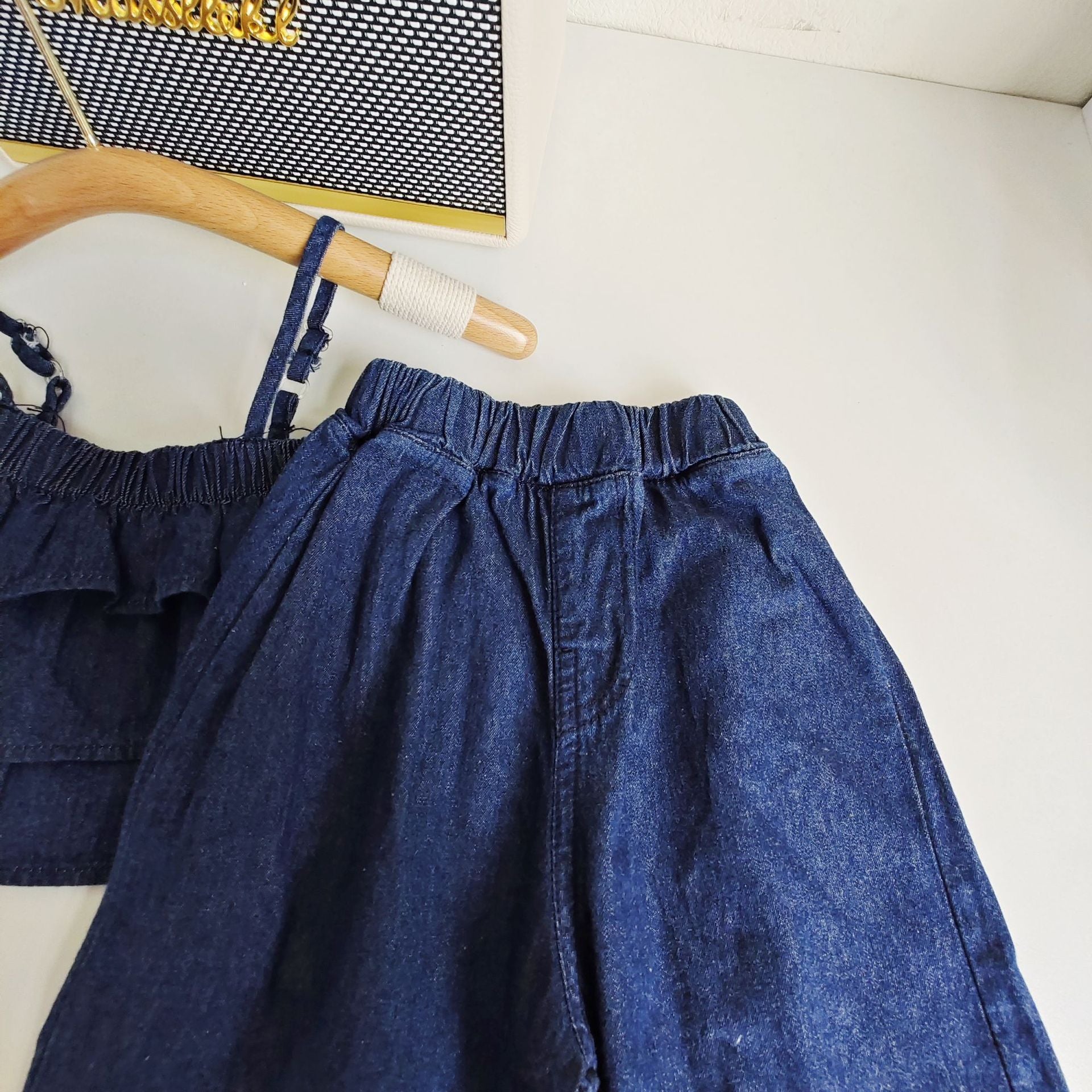 [363612] - Setelan Crop Top Kutung Celana Jeans Import Anak Perempuan - Motif Plain Bend