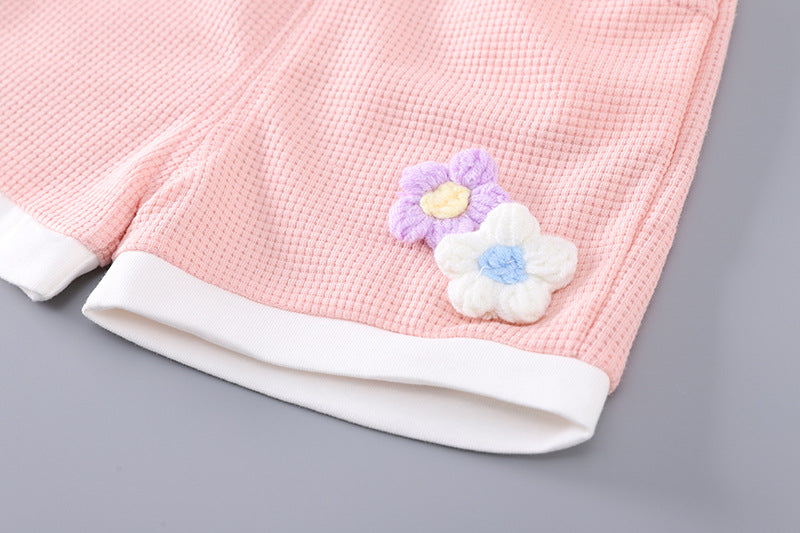 [368585] - One Set 2in1 Baju Setelan Atasan Kaos Lengan Pendek Bawahan Celana Pendek Comfortable Summer Fashion Anak Perempuan Cewek - Motif Cute 3d Flower - BABYHOKI STORE