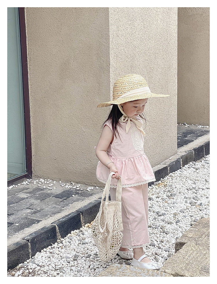 [5071106] - One Set 2in1 Baju Setelan Atasan Pink Lengan Kutung Bawahan Celana Panjang Fashion Korean Style Anak Perempuan Cewek - Motif Style Pink Solid - BABYHOKI STORE