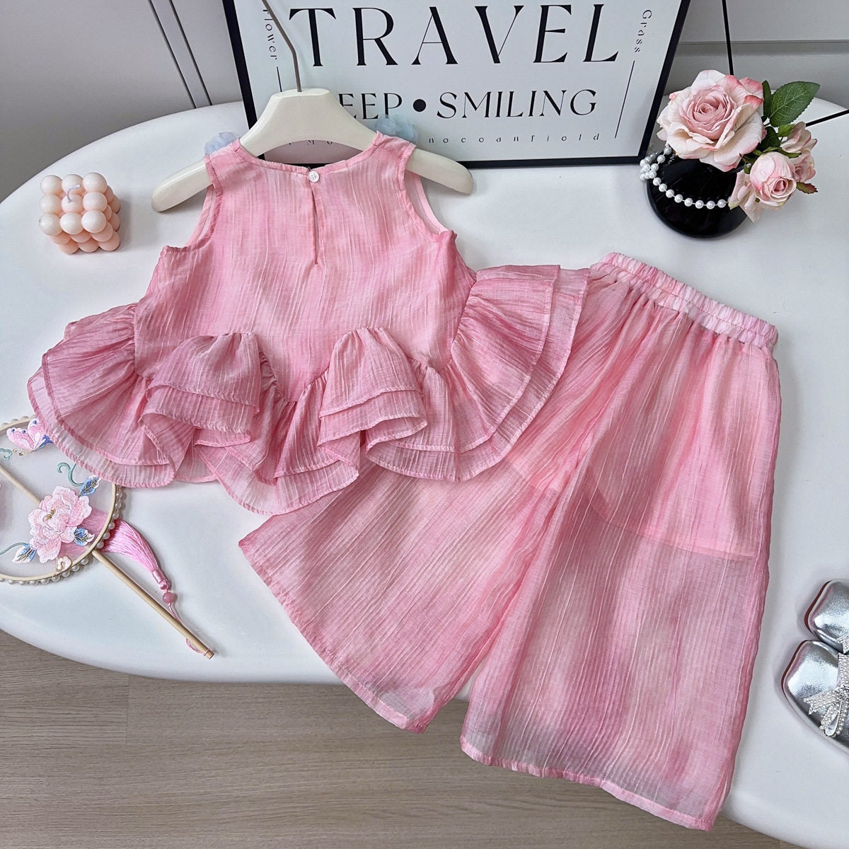 [363967] - One Set 2in1 Baju Setelan Atasan Lengan Kutung Ruffled Bawahan Panjang Kulot Korean Style Fashion Style Anak Cewek Perempuan - Motif Floral - BABYHOKI STORE