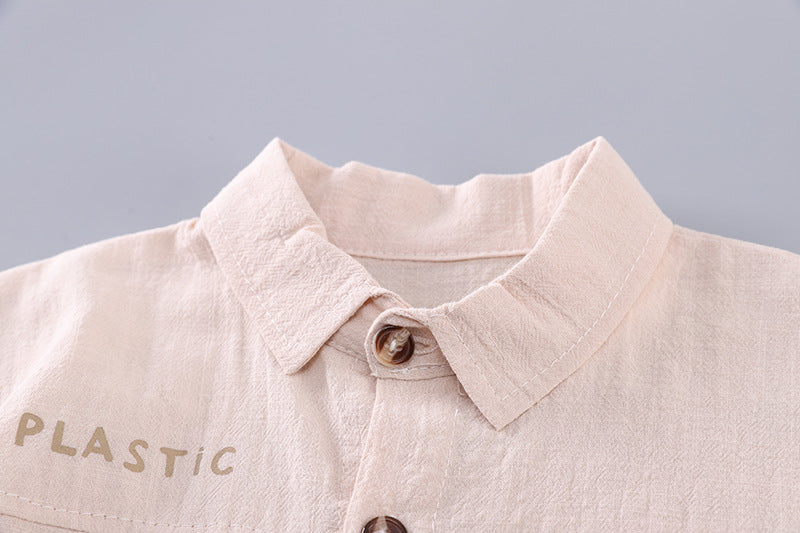 [368574] - Baju Setelan Atasan Kemeja Lengan Pendek Bawahan Celana Pendek Fashion Casual Summer Anak Laki Laki Cowok - Motif Soft Solid Color Brown - BABYHOKI STORE