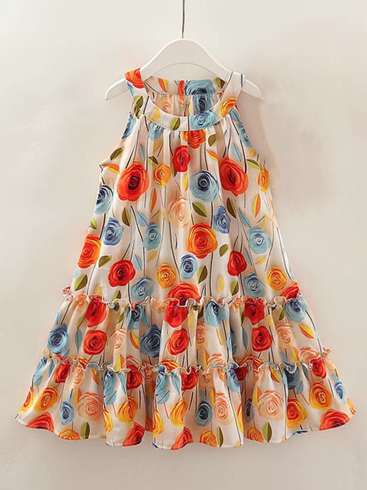 [363793] - Gaun Floral Dapat Topi Baju Dress Pantai Tanpa Lengan Fashion Anak Perempuan Cewek Bunga - Motif Rose Flower