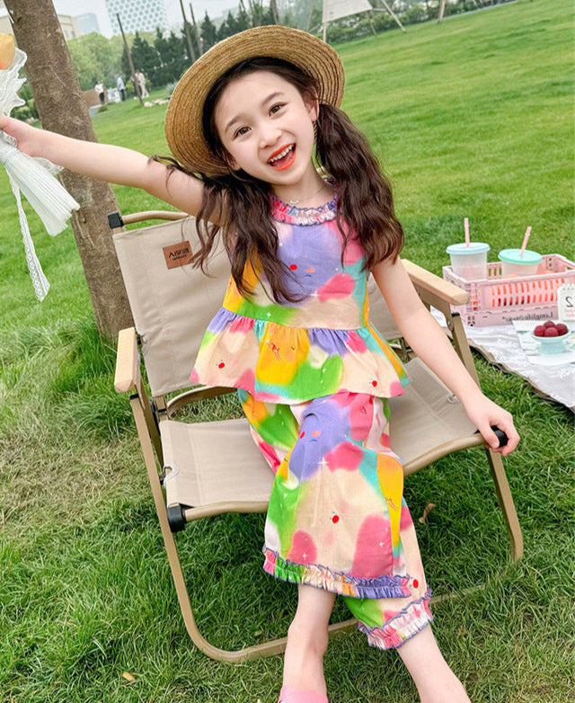 [5071057] - Setelan Baju Kutung Celana Panjang Santai Fashion Anak Perempuan - Motif Colorful Flower