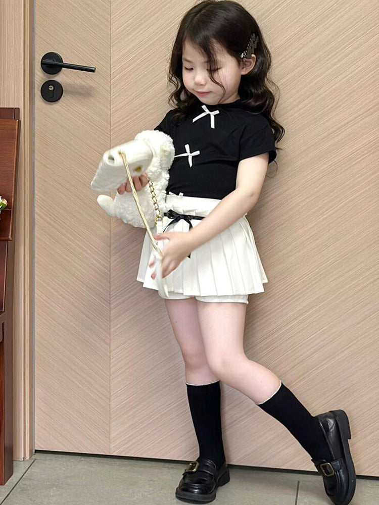 [5071111] - One Set 2in1 Baju Setelan Atasan Ribbon Lengan Pendek Bawahan Celana Rok Pendek Plisket Fashion Korean Style Anak Perempuan Cewek - Motif Top Ribbon Plisket Bottom - BABYHOKI STORE