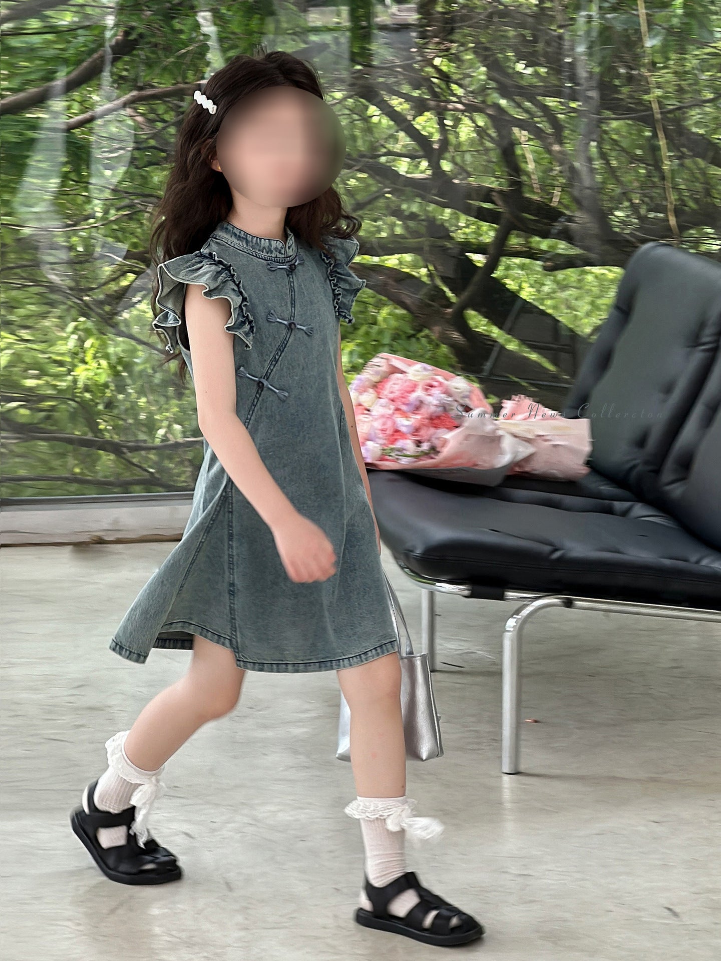 [5071086] - Baju Dress Gaun Cheongsam Lengan Kutung Jeans Fashion Anak Perempuan Cewek - Motif Ruffled Shoulder - BABYHOKI STORE