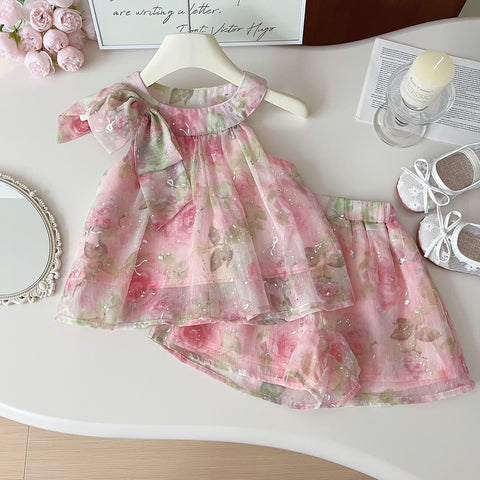 [963292] - One Set 2in1 Baju Setelan Atasan Lengan Kutung Bawahan Celana Pendek Korean Version Style Anak Perempuan Cewek - Motif Chiffon Floral - BABYHOKI STORE