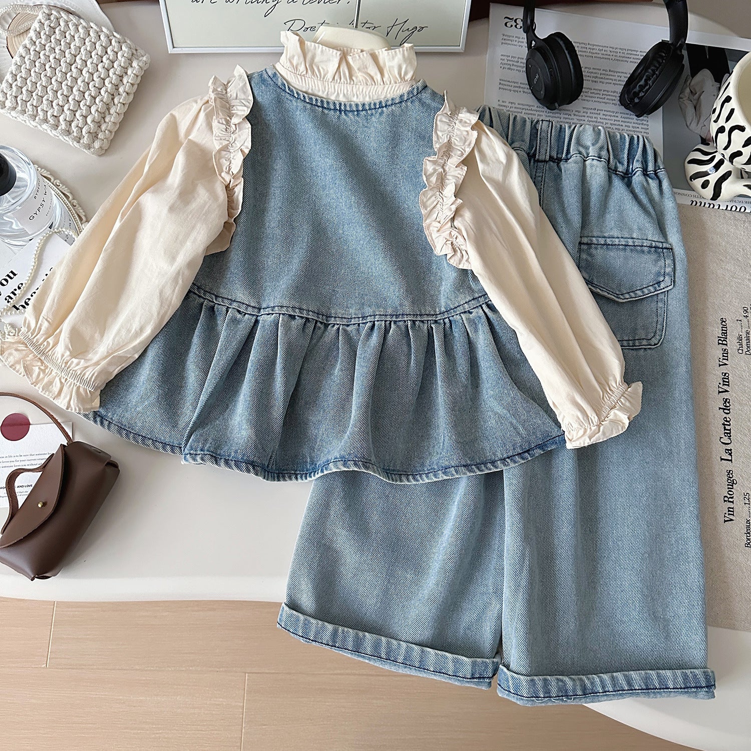 [363914] - One Set 3in1 Baju Setelan Atasan Blouse Lengan Panjang Vest Kutung Denim Bawahan Celana Panjang Kulot Denim Fashion Anak Cewek Perempuan - Motif Cute Lace - BABYHOKI STORE