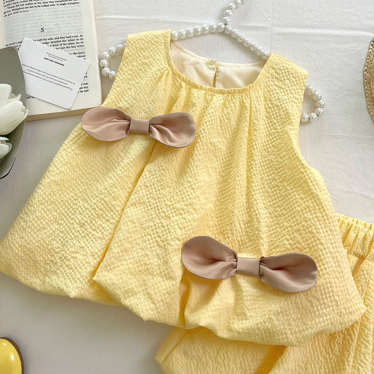 [963252] - One Set 2in1 Baju Setelan Atasan Lengan Kutung Bawahan Celana Pendek Korean Style Anak Perempuan Cewek - Motif Bow Cute - BABYHOKI STORE