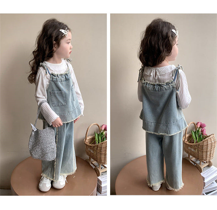 [363783] - Setelan Baju 3In1 Baju Lengan Panjang Plus Vest Celana Jeans Kulot Panjang Fashion Anak Perempuan - Motif Pocket Denim