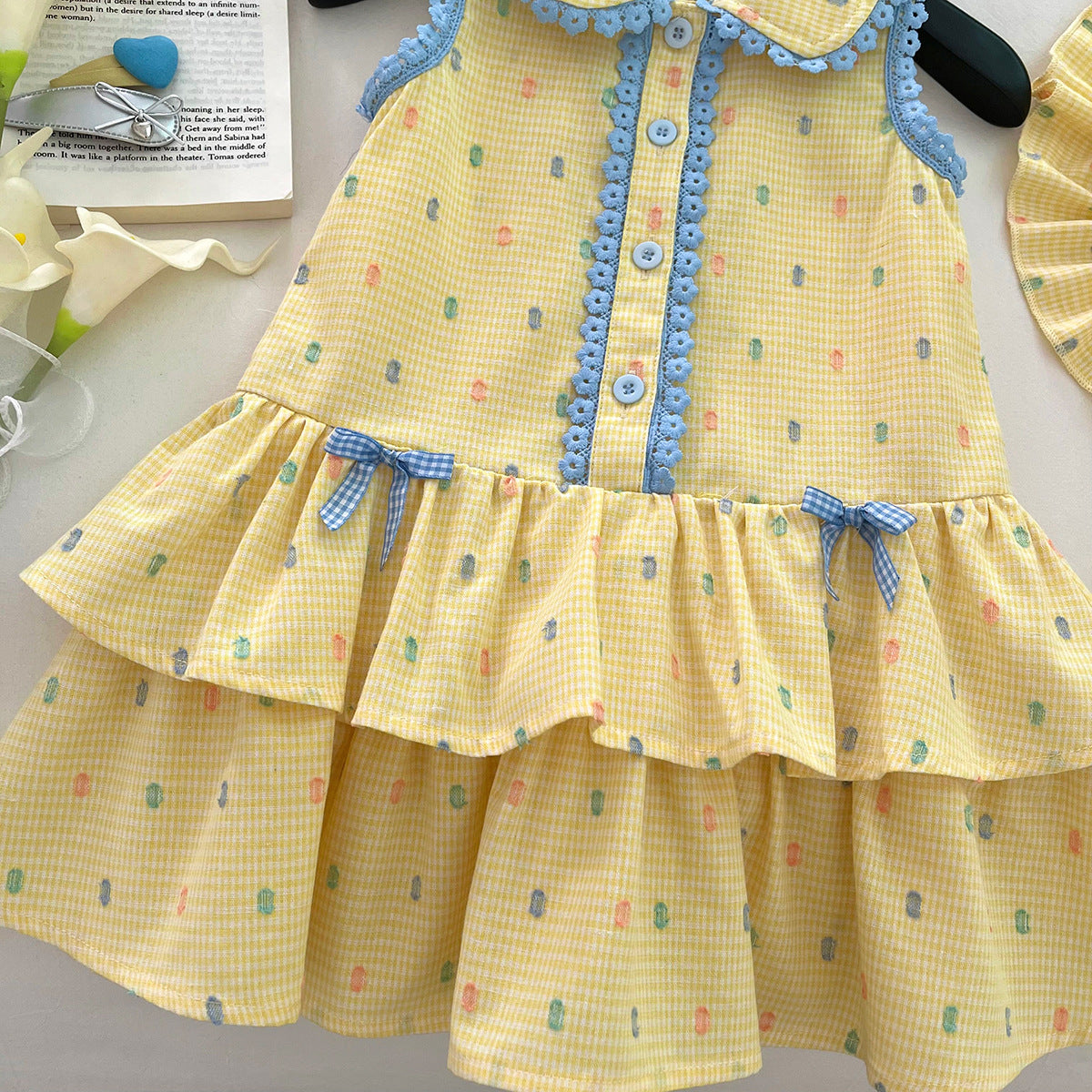 [963164] - Baju Gaun Dress Lengan Kutung Korean Version Style Anak Perempuan Cewek - Motif Yellow Dot Plaid - BABYHOKI STORE - BABYHOKI STORE