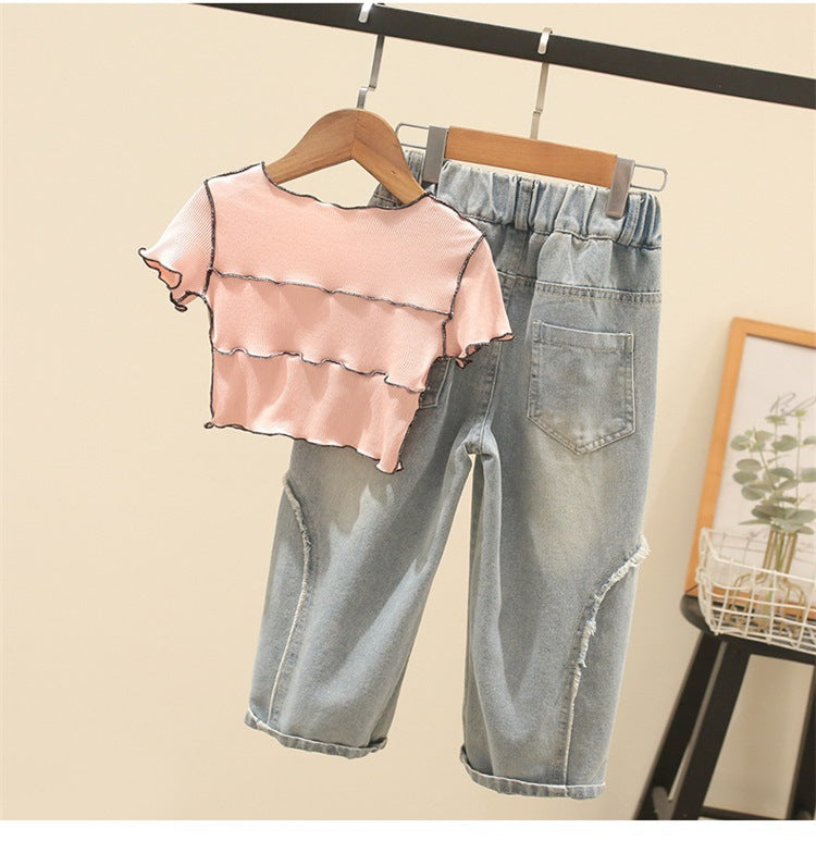 [363728] - Setelan Atasan Baju Crop Top Celana Jeans Fashion Anak Perempuan - Motif Star Wavy