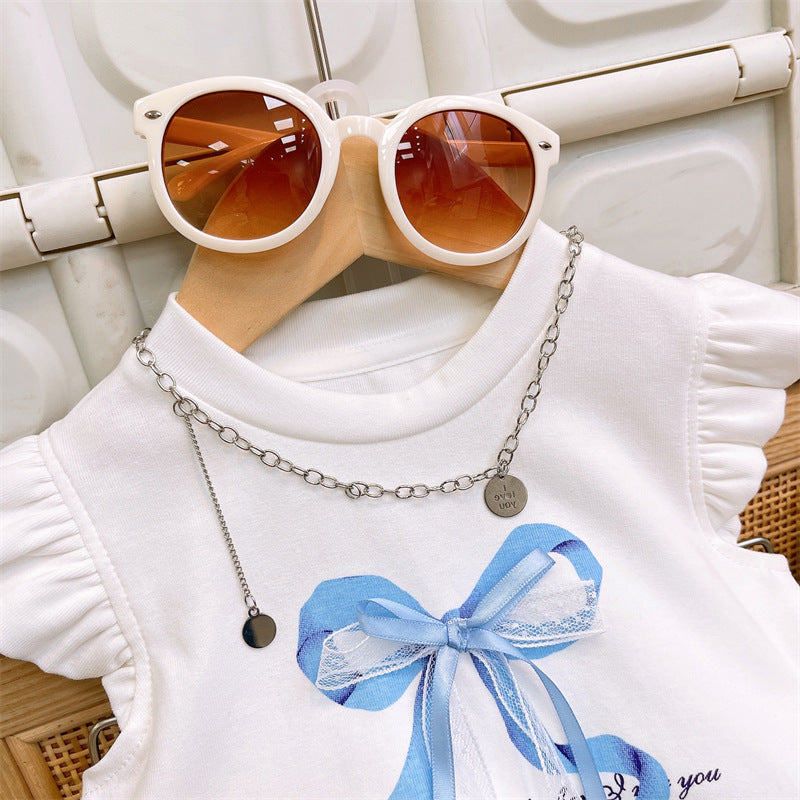 [963237] - One Set 2in1 Baju Setelan Atasan Kaos Lengan Kutung Bawahan Celana Rok Style Korean Anak Perempuan Cewek - Motif Bow Ruffled - BABYHOKI STORE