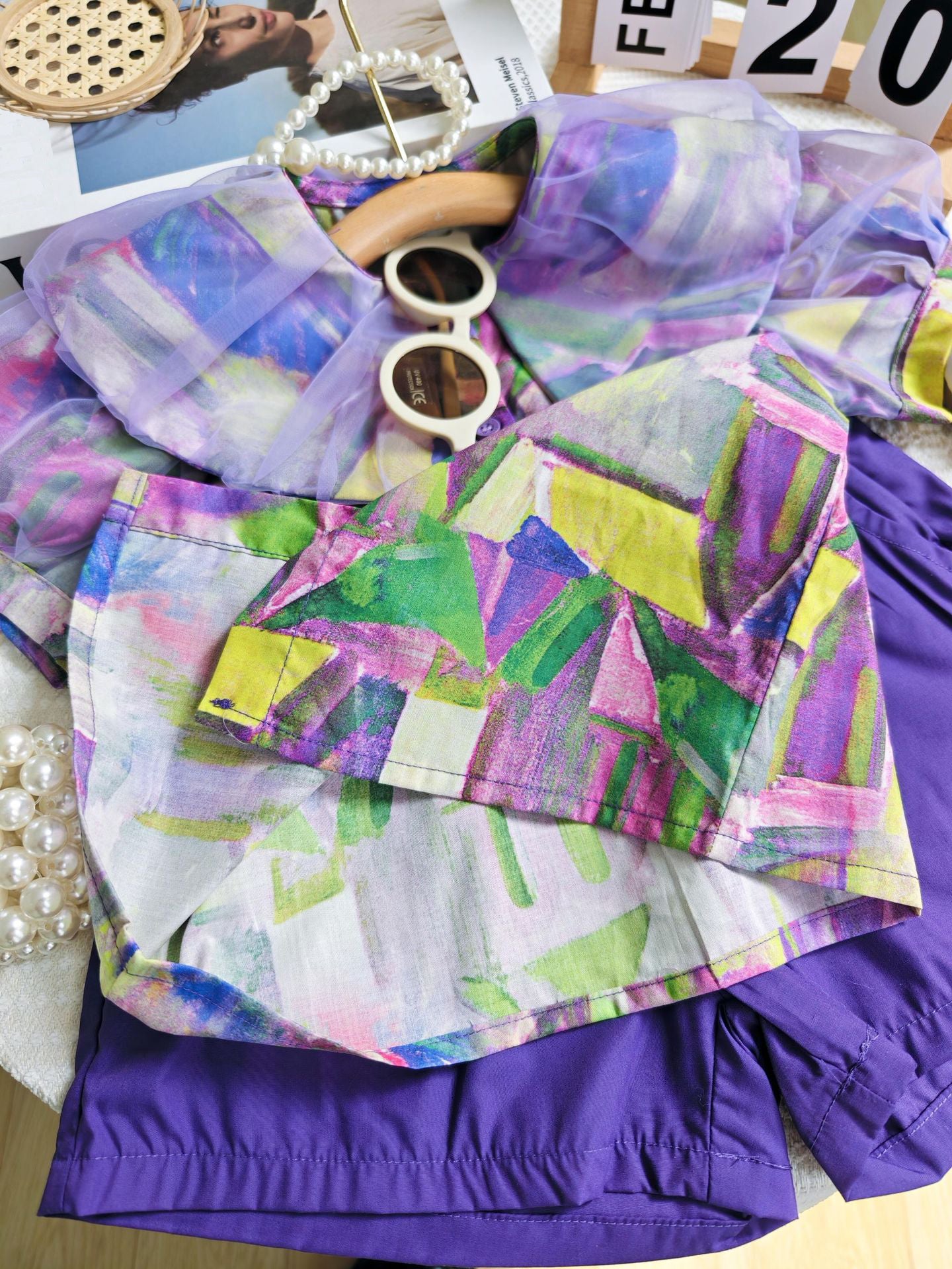 [363733] - Baju Setelan Blouse Lengan Pendek Celana Pendek Fashion Anak Perempuan - Motif Abstract Geometry