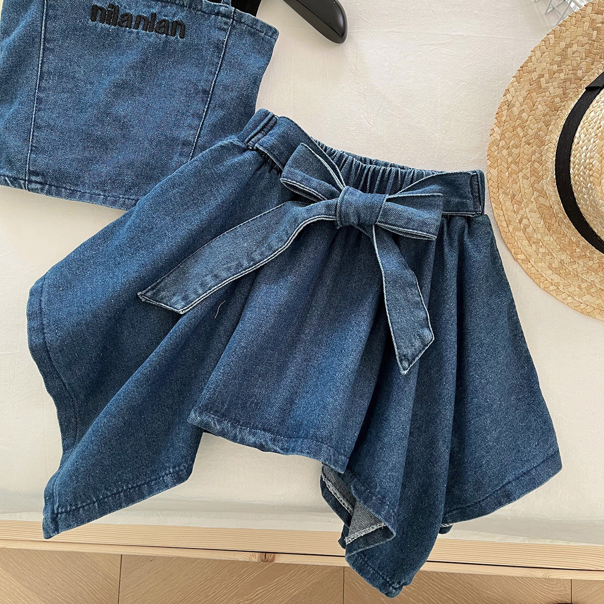 [963118] - One Set 3in1 Baju Setelan Atasan Kaos Lengan Kutung Vest Kutung Bawahan Celana Rok Pendek Korean Fashion Style Anak Perempuan Cewek - Motif Denim Color - BABYHOKI STORE