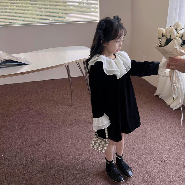 [507S1101] - Baju Dress Lengan Panjang Fashion Anak Perempuan - Motif Neck Ruffled