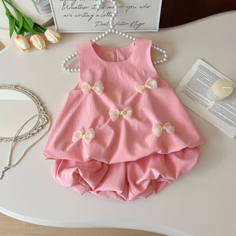 [963294] - One Set 2in1 Baju Setelan Atasan Lengan Kutung Bawahan Celana Pendek Korean Style Anak Perempuan Cewek - Motif Bow Cute - BABYHOKI STORE