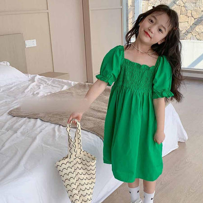 [507S128] - Baju Dress Lengan Balon Pendek Fashion Anak Perempuan - Motif Casual Style