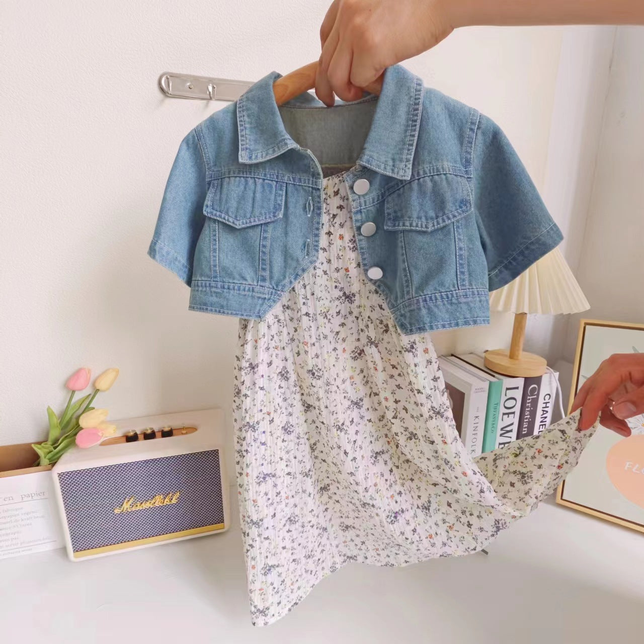 [363680] - Baju Setelan Jaket Jeans Crop Inner Dress Fashion Anak Perempuan - Motif Edge Flower